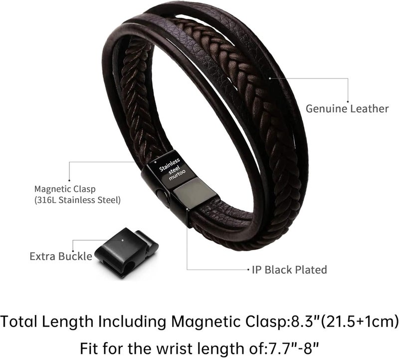 Murtoo Mens Leather Bracelet with Clasp Cowhide Multi-Layer Braided Leather Mens Bracelet - Image 2